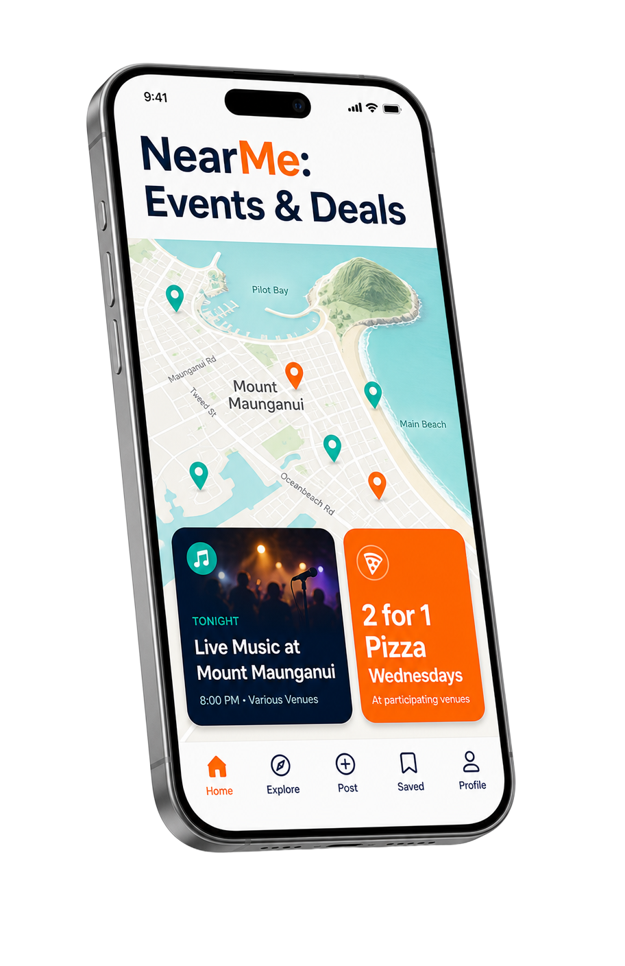 NearMe app on iPhone showing local events on a map
